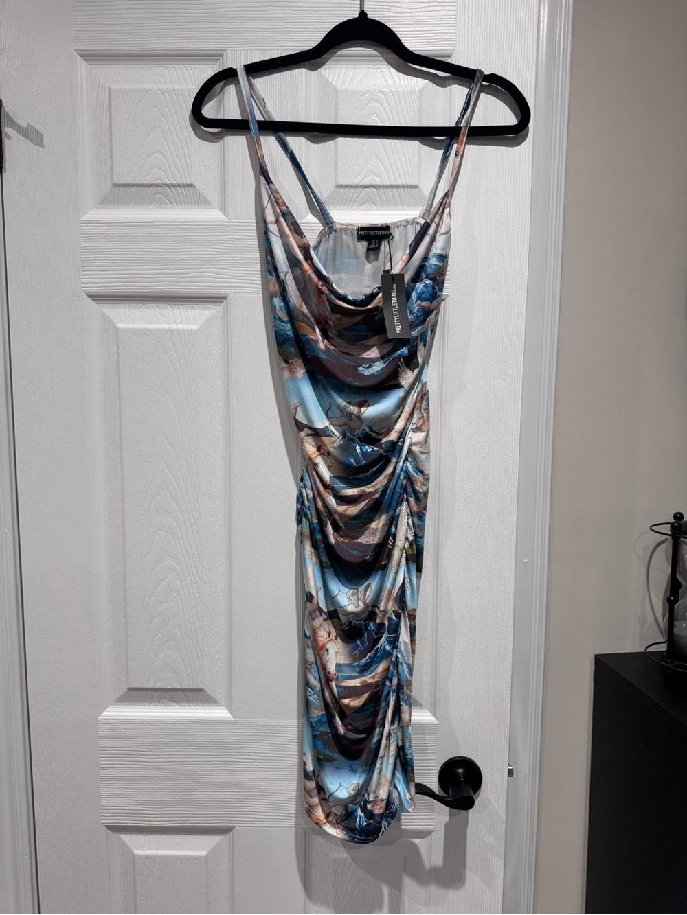 Pretty Little Thing Ruched Cowl Neck slinky strappy Dress in Blue Print